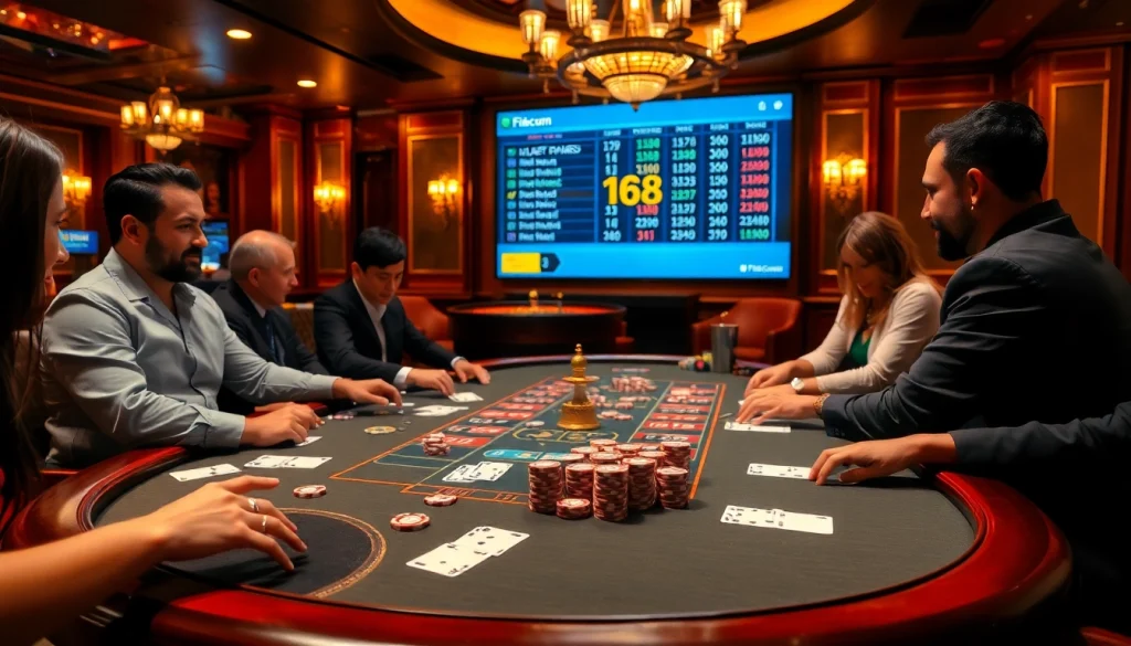 Players enjoy an exciting poker game at f168 com casino, surrounded by vibrant atmosphere and betting odds.