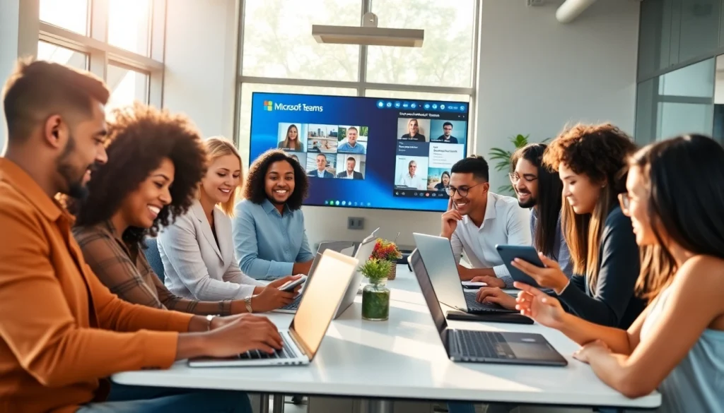 Explore teams下载 in a vibrant office where professionals collaborate using Microsoft Teams.