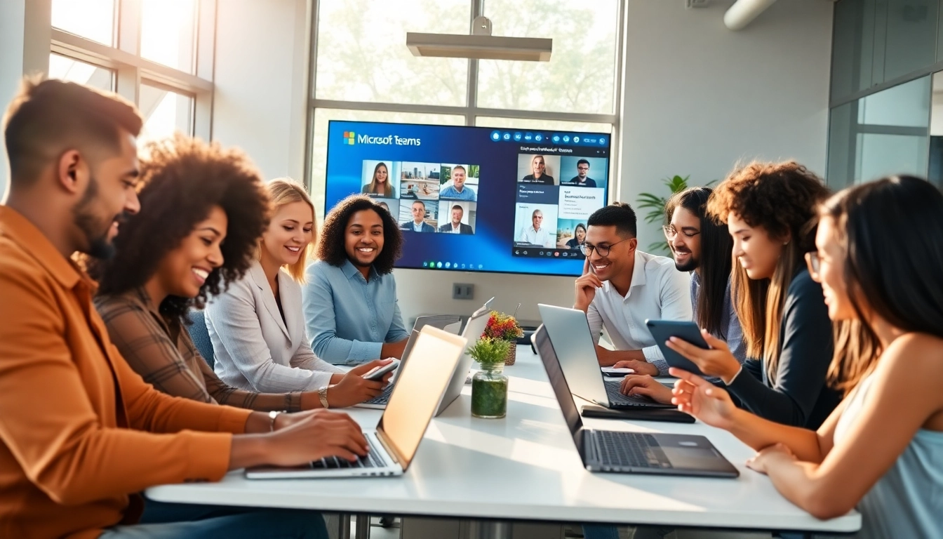 Explore teams下载 in a vibrant office where professionals collaborate using Microsoft Teams.