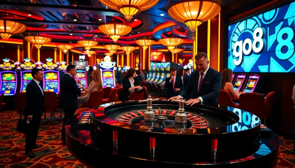 Players enjoying roulette at a go8 casino with vibrant colors and excitement in the air.