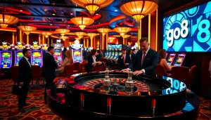 Players enjoying roulette at a go8 casino with vibrant colors and excitement in the air.