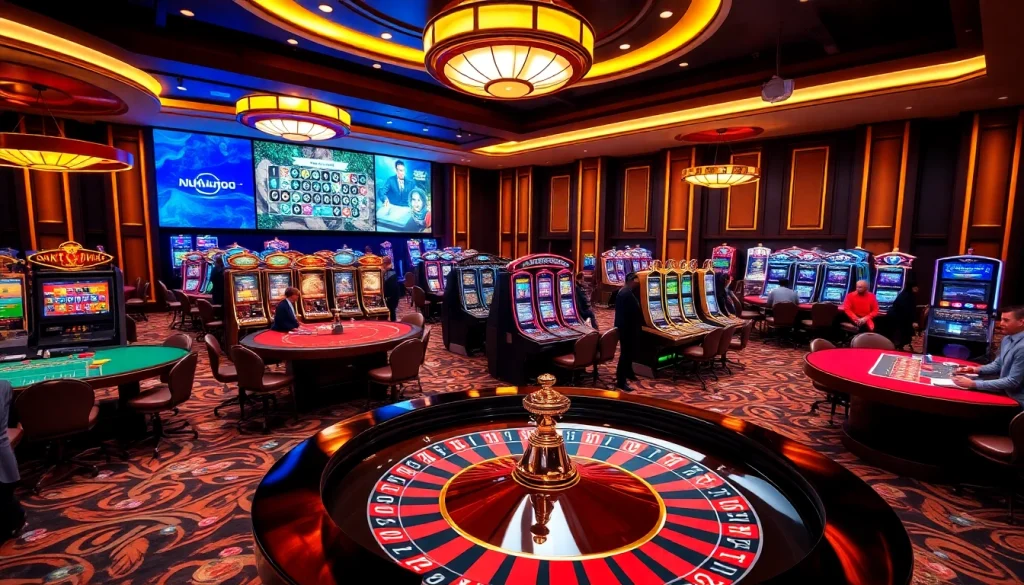 Nohu90 gaming experience with casino tables and vibrant slot machines capturing the thrill of betting.
