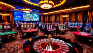 Nohu90 gaming experience with casino tables and vibrant slot machines capturing the thrill of betting.