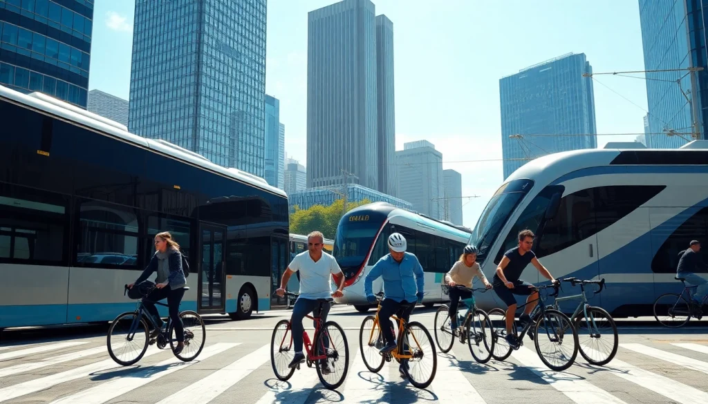 Transportation options displayed in a city, featuring buses, trains, and bicycles.