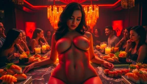 Experience body sushi in a luxurious nightclub, showcasing sushi artfully arranged on a model's body.