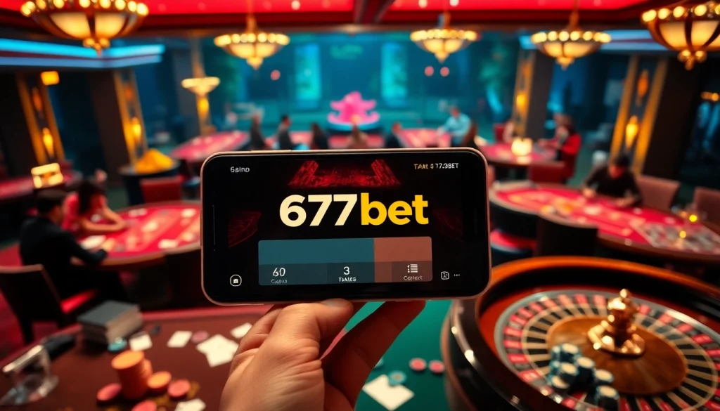 The 67bet App showcased on a smartphone amidst a vibrant casino atmosphere with poker and roulette games.