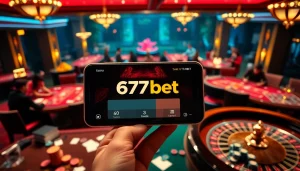 The 67bet App showcased on a smartphone amidst a vibrant casino atmosphere with poker and roulette games.