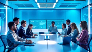 Gemini 3 Pro AI technology in a modern workspace, showcasing collaboration and advanced interface design.