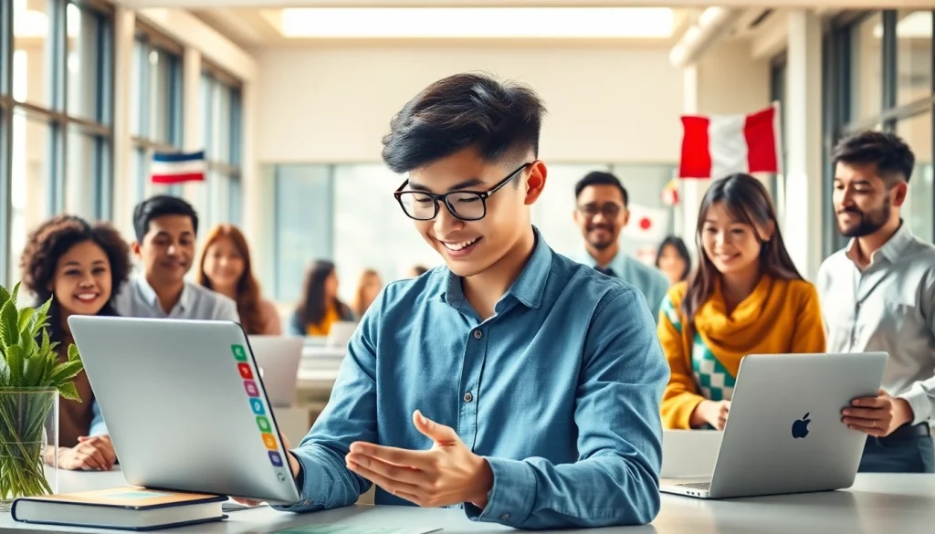 A professional using the Youdao translation tool to enhance multi-language communication in a diverse office setting.