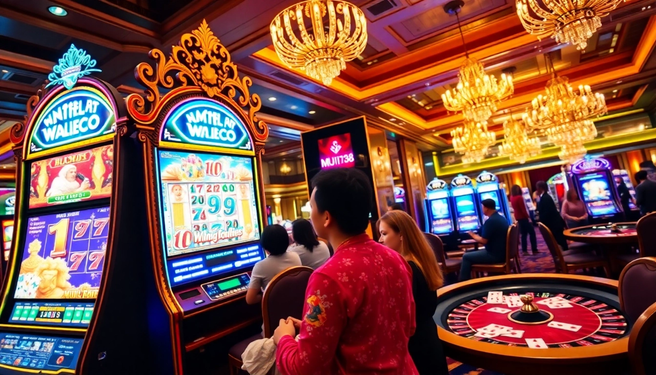 Players enjoying the MUJI138 slot machine at an upscale casino venue.