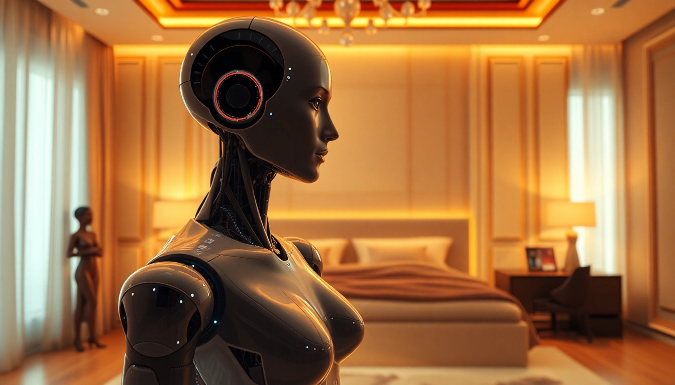AI sex robot in a luxurious bedroom, showcasing advanced technology and intimate design.