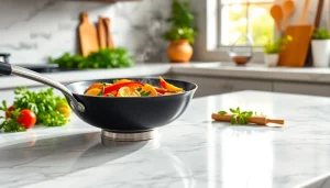 Best nonstick pan NZ featured with colorful stir-fried vegetables in a bright kitchen.