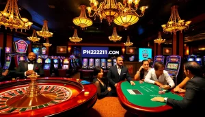 Exciting gaming scene at PH22211.COM casino with roulette and blackjack tables.