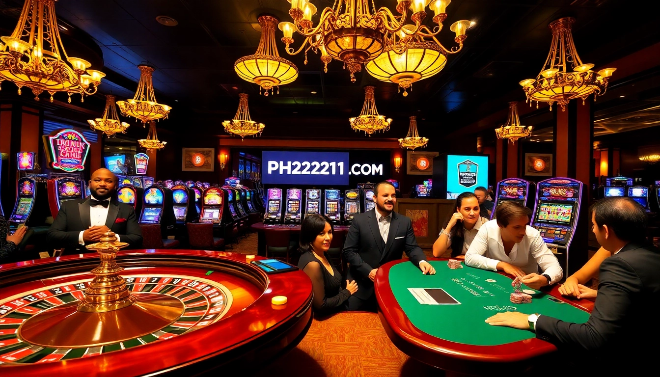 Exciting gaming scene at PH22211.COM casino with roulette and blackjack tables.