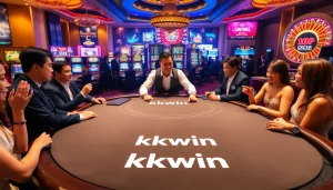 KKWIN players enjoying an exciting game at a lively casino table surrounded by colorful slot machines.