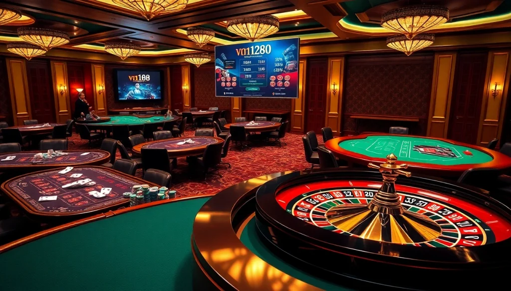 Experience the excitement of vn168 đăng nhập with vibrant casino tables and engaged players in a luxurious setting.