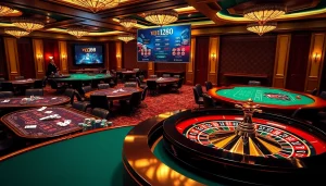 Experience the excitement of vn168 đăng nhập with vibrant casino tables and engaged players in a luxurious setting.