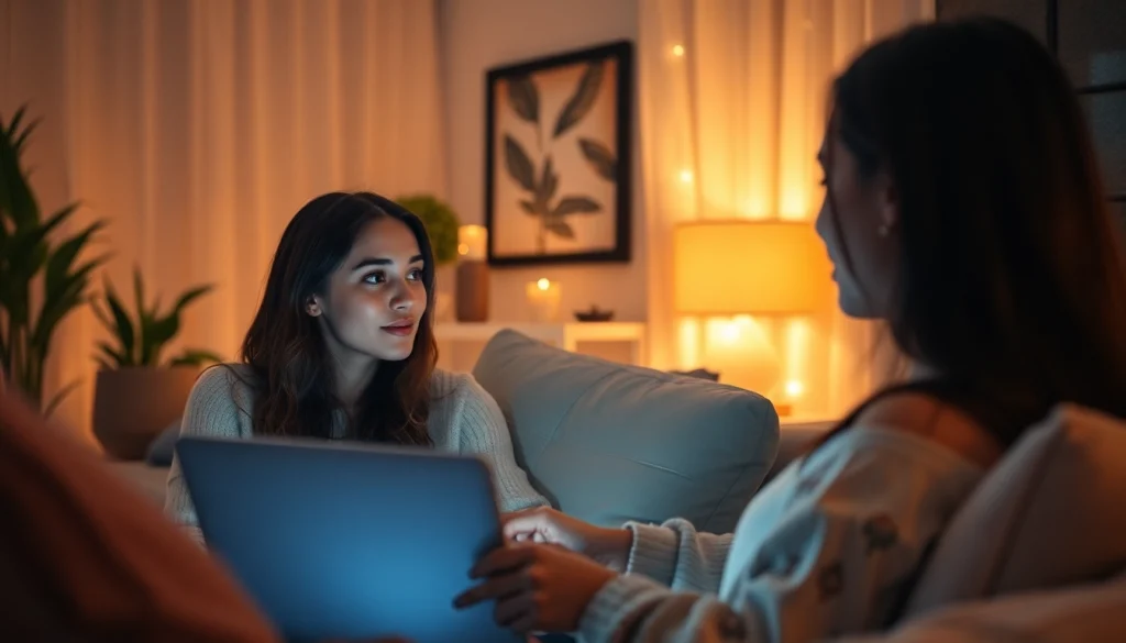 Engaging sex AI chat conversation in a cozy, ambient-lit room with modern interface.
