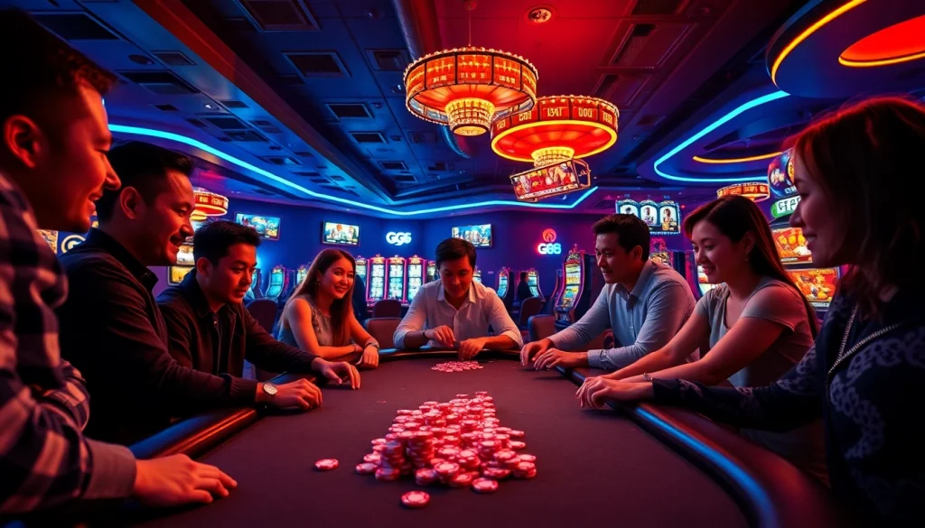 GG 88 casino scene featuring players enjoying poker and slots in a vibrant setting.