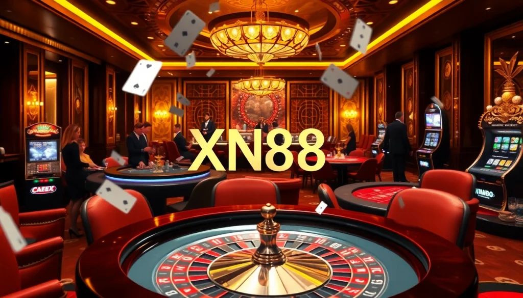 Experience the excitement of winning with XN88 at this luxurious casino scene featuring poker and roulette.