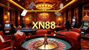 Experience the excitement of winning with XN88 at this luxurious casino scene featuring poker and roulette.