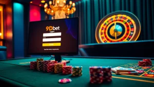 9Dbet Login screen showing an exciting casino setting with vibrant poker chips and a roulette wheel.