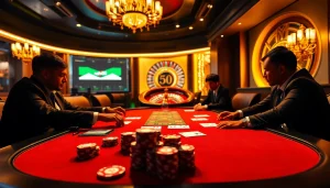 Nohu90 players strategizing in a high-stakes poker game at a luxury casino table.