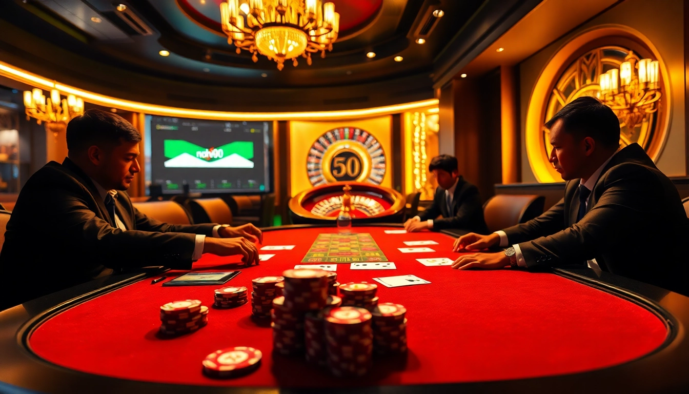 Nohu90 players strategizing in a high-stakes poker game at a luxury casino table.