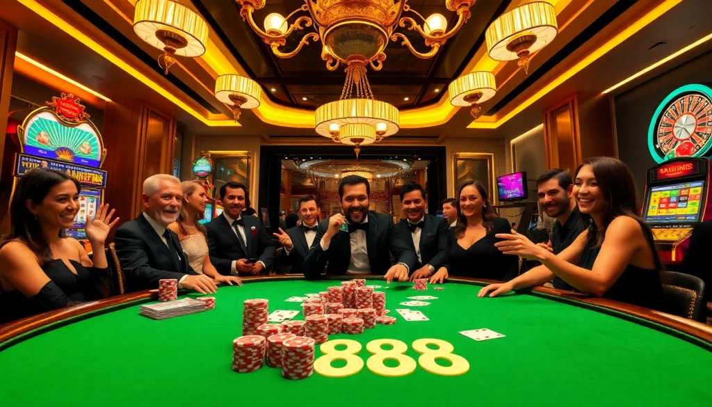 Players engaged in a high-stakes poker game at xx888, showcasing excitement and luxury in a casino setting.