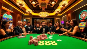 Players engaged in a high-stakes poker game at xx888, showcasing excitement and luxury in a casino setting.