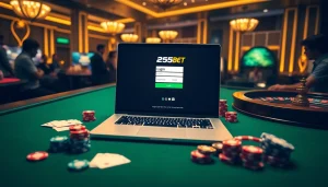 Experience the thrill of 255BET Login with poker chips and casino lights in an elegant setting.