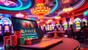 Players engaging in thrilling casino games at MM88 with vibrant poker chips and a lively atmosphere.