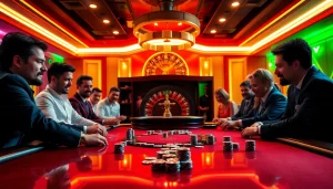 Khela88 VIP players intensely focus on high-stakes poker action at a luxurious casino table.