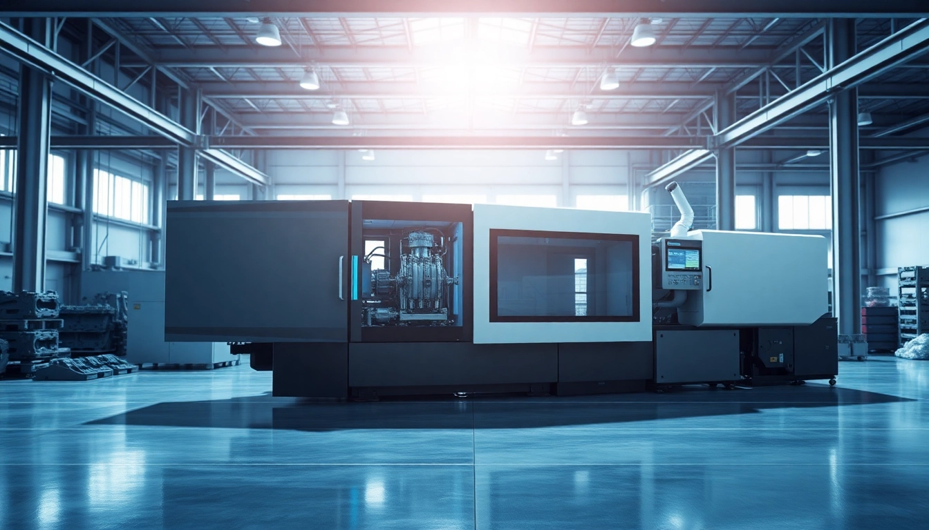 Large injection molding machine showcased in a modern industrial factory, emphasizing innovation and efficiency.