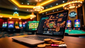 Experience the thrills of Canada online casinos with a vibrant gaming setup featuring a laptop and classic casino elements.