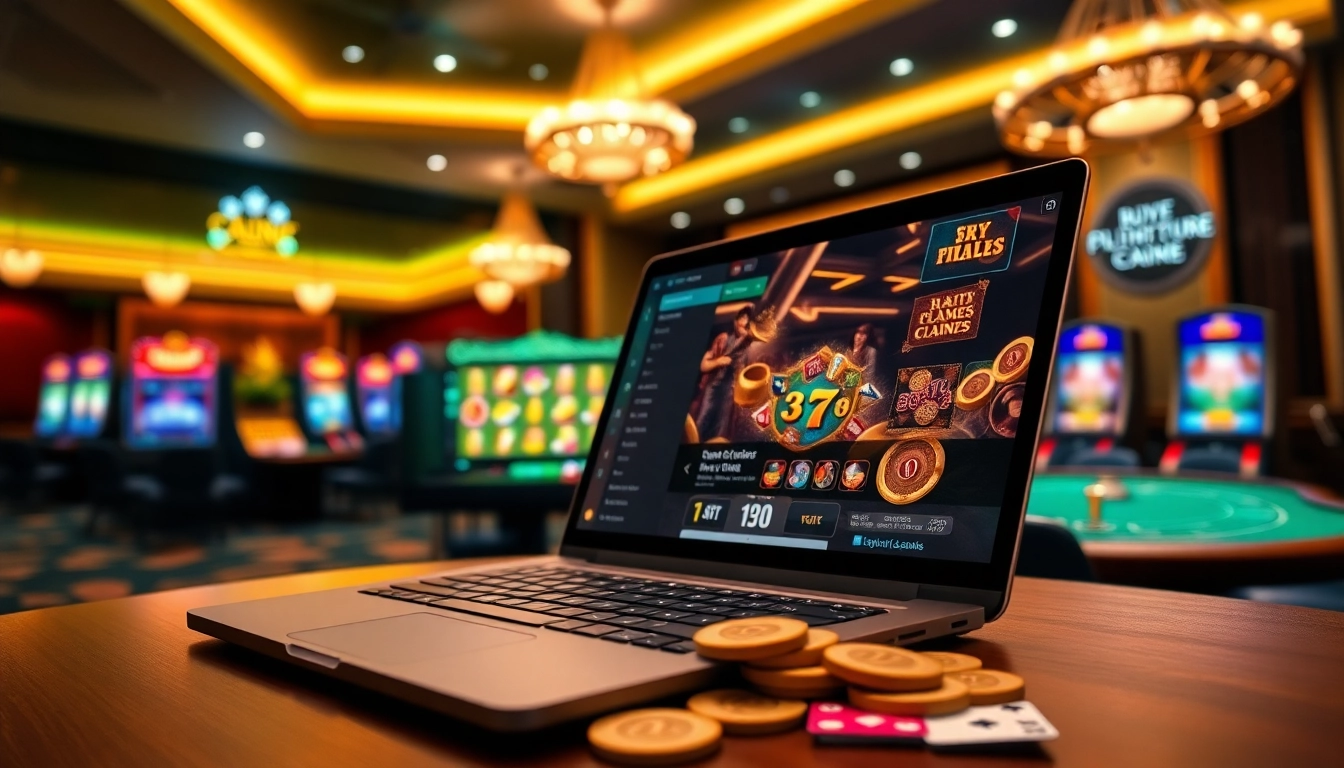 Experience the thrills of Canada online casinos with a vibrant gaming setup featuring a laptop and classic casino elements.