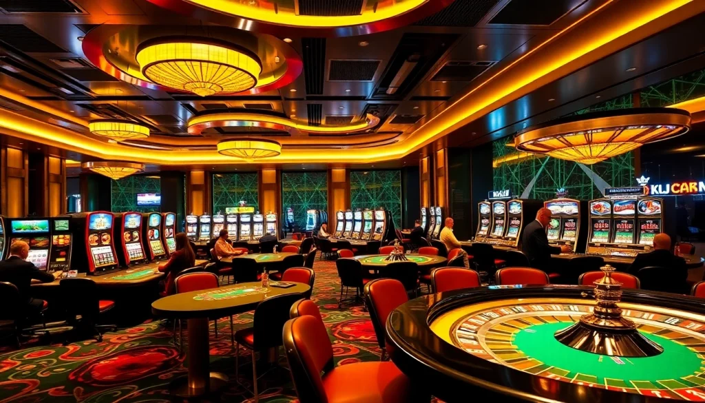 A luxury casino atmosphere showcasing the excitement of KJ C with players at tables and vibrant slot machines.