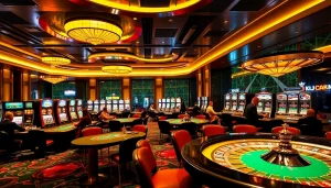 A luxury casino atmosphere showcasing the excitement of KJ C with players at tables and vibrant slot machines.