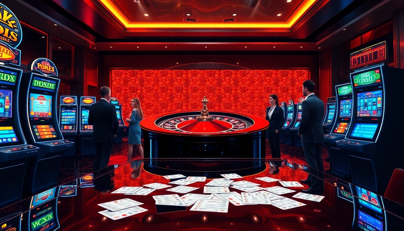 KJC casino scene with players engaged in roulette and poker, showcasing excitement and luxury.