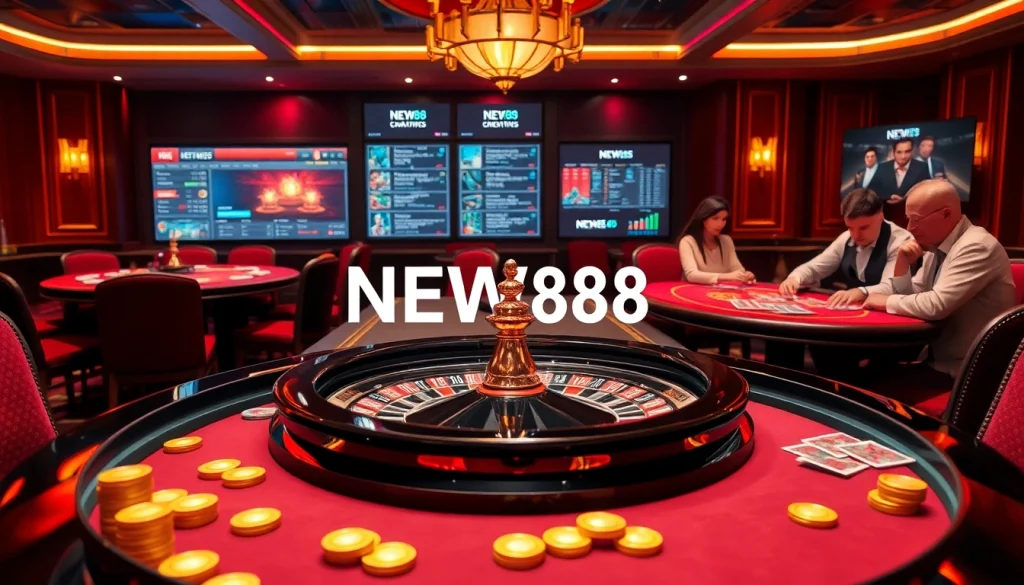 Players immersing in an exciting NEW88 online casino experience with vibrant roulette and poker.