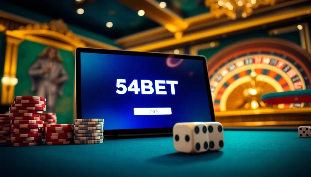 54BET Login interface displayed in a luxurious casino atmosphere with poker chips and roulette wheel.