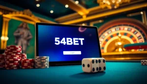 54BET Login interface displayed in a luxurious casino atmosphere with poker chips and roulette wheel.