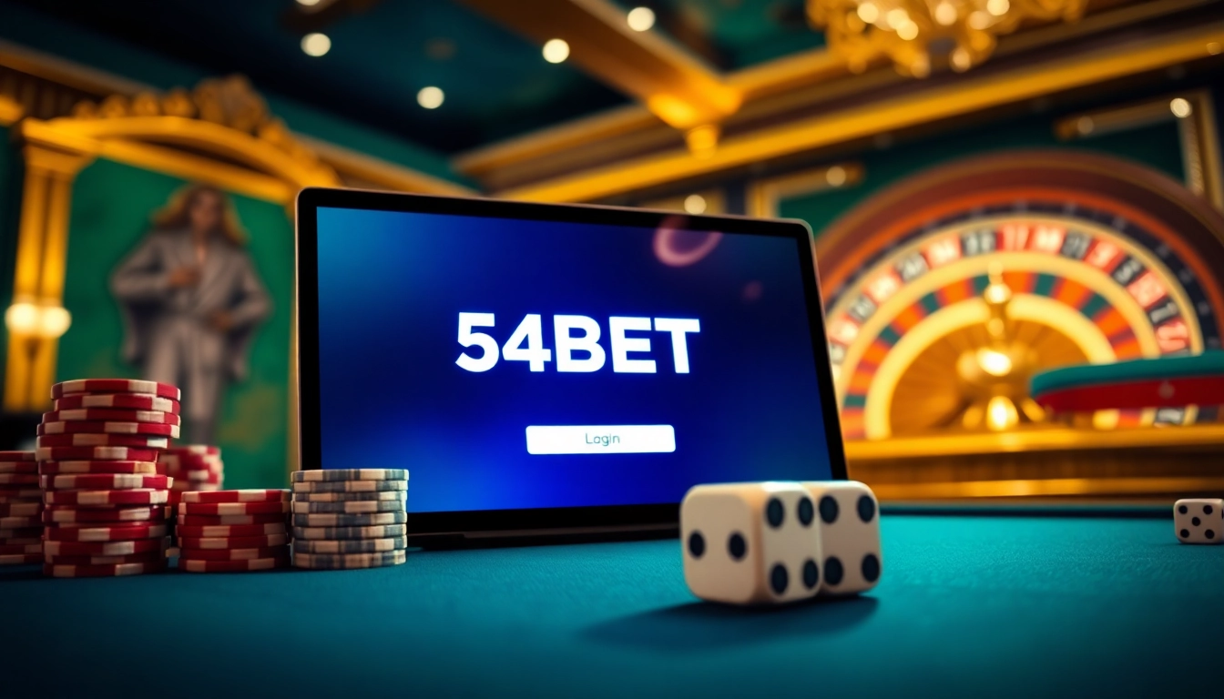 54BET Login interface displayed in a luxurious casino atmosphere with poker chips and roulette wheel.