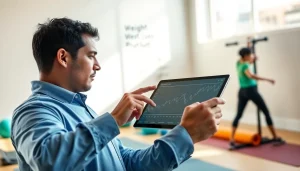 Fitness expert analyzing weight loss plateau data in a bright gym setting, motivating progress.