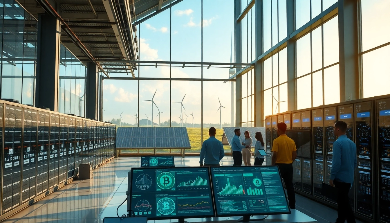 Bitcoin cloud mining facility with renewable energy sources showcasing advanced technology in a professional setting.