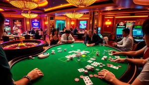 Experience the excitement of Tha bet at an elegant blackjack table with eager gamblers.