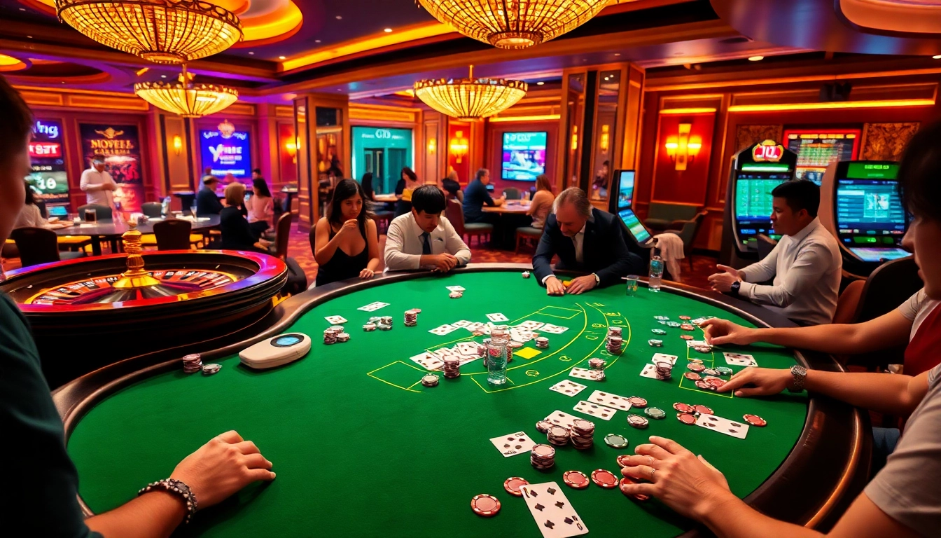 Experience the excitement of Tha bet at an elegant blackjack table with eager gamblers.