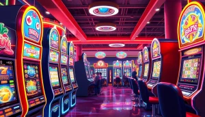 Vibrant Kode4d slot machines in a modern arcade setting, showcasing an exciting gaming experience.