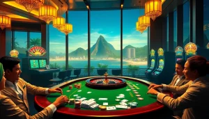 Experience thrilling casino action in Rio, featuring vibrant tables, poker chips, and slot machines.