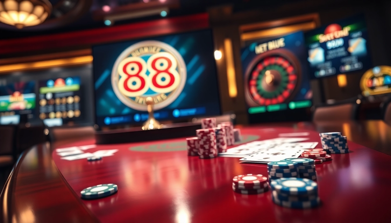 Experience the thrill of lc88 blue at a luxurious casino table filled with colorful poker chips and illuminated cards.